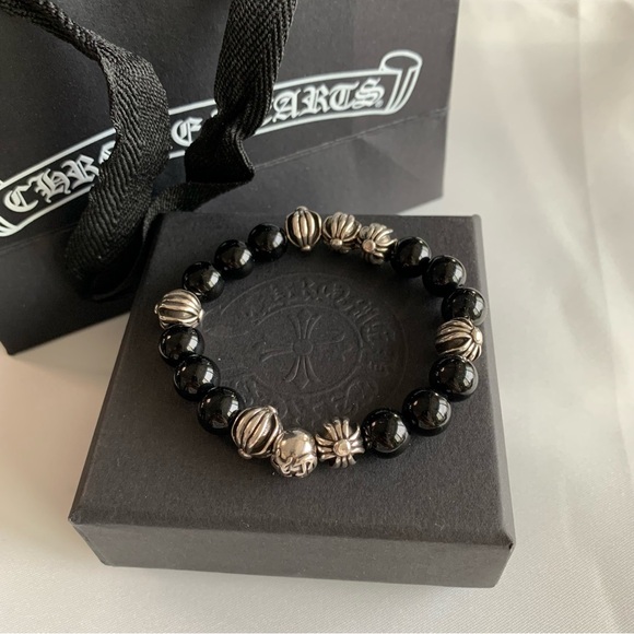 Chrome Hearts 10mm Natural Obsidian 8 Silver Beads Bracelet